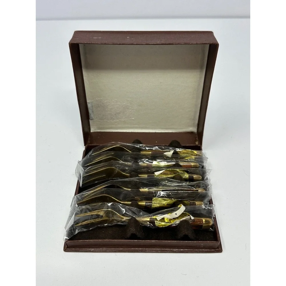 Vintage MCM Genuine Thai Bronzeware Rosewood Cocktail Fork Set of 8 by James W0